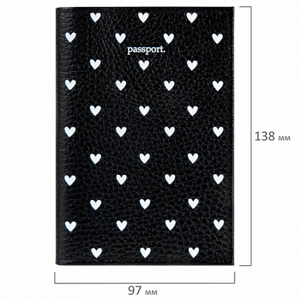 Обложка для паспорта натуральная кожа флоттер, принт "Сердечки", цвет черный, BRAUBERG, 238867