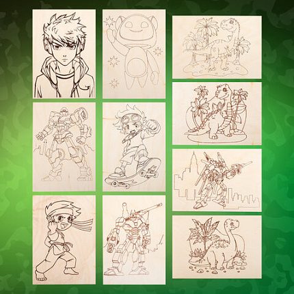 Заготовки деревянные для выжигания "Для мальчиков", 5 шт., 10 рисунков, 15х21 см, BRAUBERG HOBBY, 665310