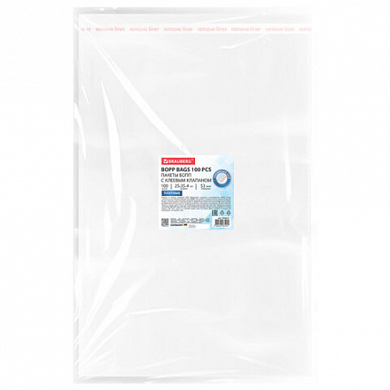 Пакеты БОПП с клеевым клапаном, КОМПЛЕКТ 100 штук, 25х35 + 4 см, 53 мкм, с усиленным швом, BRAUBERG, 700417