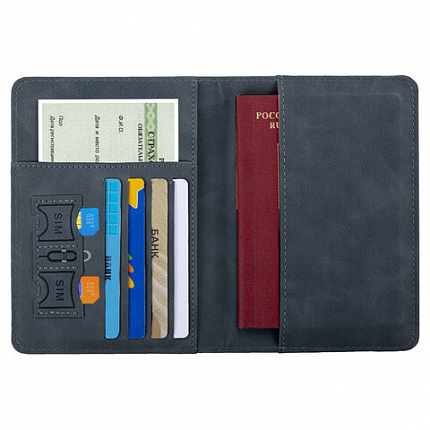Обложка для паспорта и документов с защитой от считывания, 9 карманов, резинка, экокожа, темно-голубая, BRAUBERG, 238752