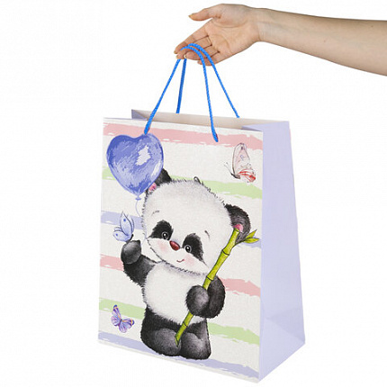 Пакет подарочный (1 штука) 26x13x32 см, ЗОЛОТАЯ СКАЗКА "Lovely Panda", глиттер, белый с голубым, 608241