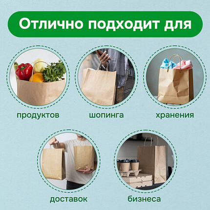 Крафт-пакет бумажный 22х12х25 см, КОМПЛЕКТ 50 шт., крученые ручки, плотность 90 г/м2, LAIMA ECO CRAFT, 609684