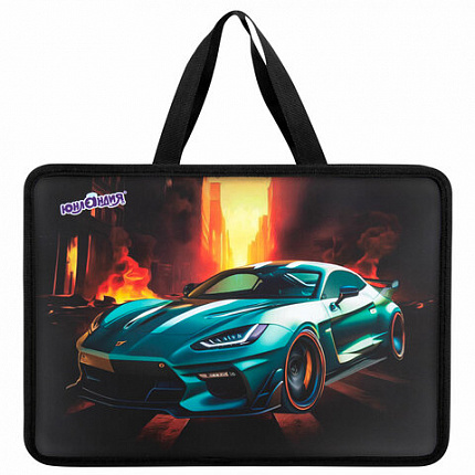 Папка на молнии с ручками ЮНЛАНДИЯ А4, 1 отделение, пластик, 80 мм, "Fire car", 272155