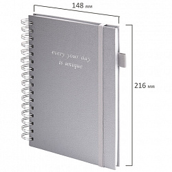 Бизнес-тетрадь на гребне А5 148х216 мм, BRAUBERG "Calipso" под кожу, резинка, клетка, 80 л., серая, 116253