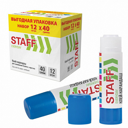 Клей-карандаш 40 г, ВЫГОДНАЯ УПАКОВКА, КОМПЛЕКТ 12 ШТУК, STAFF EVERYDAY, 273019