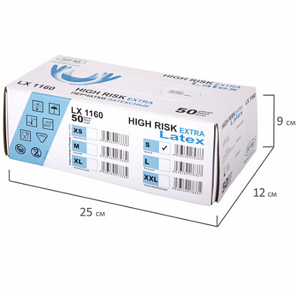 Перчатки латексные смотровые сверхпрочные SFM HIGH RISK LX 1160, Германия, 25 пар (50 штук), размер 6-7, S (малый)