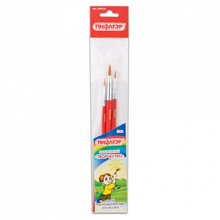 Кисти ПИФАГОР, набор 3 шт. (СИНТЕТИКА: круглые № 2, 3, 5), пакет с европодвесом, 200226