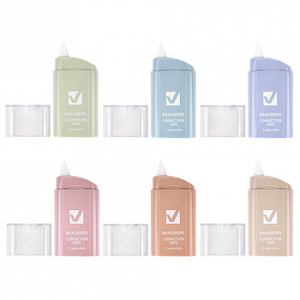 Корректирующая лента BRAUBERG COMPACT PASTEL, 5 мм х 6 м, КОМПЛЕКТ 6 штук, пенал с zip-lock, 272496