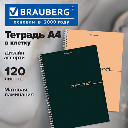 Тетрадь А4, 120 л., BRAUBERG, гребень, клетка, матовая ламинация, Минимал_Цвет, 405642