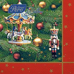 Салфетки бумажные 20 шт., 33х33 см, "Новогодняя карусель", 3 слоя, европодвес, GrandPero Deluxe, 2869