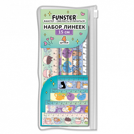 Линейки пластиковые 15 см FUNSTER, "КОТЫ", НАБОР 4 штуки, пенал, 210915