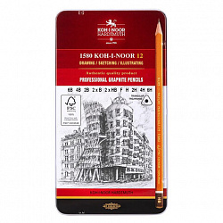 Карандаши чернографитные KOH-I-NOOR, НАБОР 12 шт., "Art" 6B-6H, без резинки, металлическая коробка, 1582012001PL