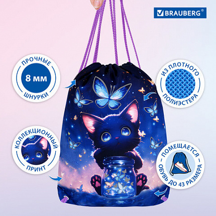 Мешок для обуви BRAUBERG PREMIUM, карман, подкладка, светоотражайка, 43х33 см, "Night catcher", 273442