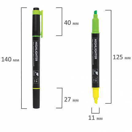 Текстовыделитель двусторонний BRAUBERG, ЖЕЛТЫЙ/ЗЕЛЕНЫЙ, линия 1-4 мм, 150841