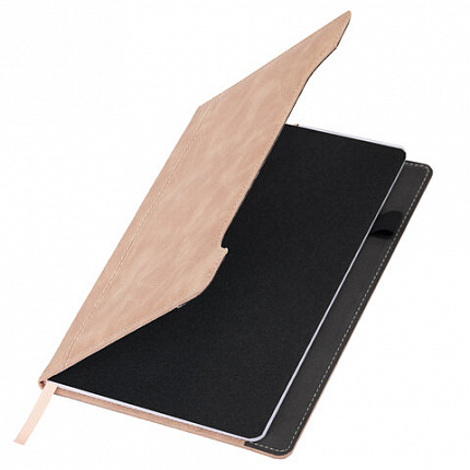 Блокнот А5 165x218 мм, BRAUBERG "Perfect", под кожу софт-тач, держатель для ручки, 80 листов, клетка, бежевый, 116617