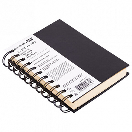 Скетчбук, слоновая кость 140 г/м2 90х140 мм, 80 л., КОЖЗАМ, гребень, BRAUBERG ART CLASSIC, черный, 116474