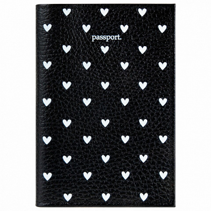 Обложка для паспорта натуральная кожа флоттер, принт "Сердечки", цвет черный, BRAUBERG, 238867