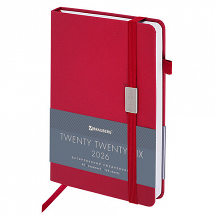 Ежедневник датированный 2026, А5, 138x213 мм, BRAUBERG "Control", под кожу, держатель для ручки, красный, 117124