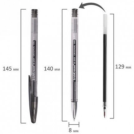 Ручка гелевая ERICH KRAUSE "R-301 Original Gel", ЧЕРНАЯ, корпус прозрачный, узел 0,5 мм, линия письма 0,4 мм, 42721
