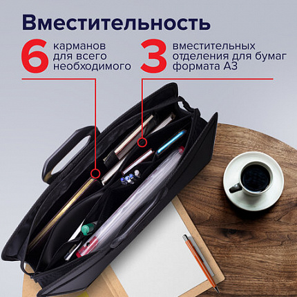 Папка-портфель пластиковая БОЛЬШОГО ФОРМАТА BRAUBERG "ПОРТФОЛИО" А3 (470х380х130 мм), 3 отделения, черная, 223081