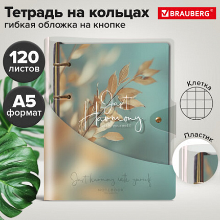 Тетрадь на кольцах А5 180х220, 120л, гибкий пластик, клапан, стикеры, BRAUBERG STYLISH, Молочный, 405225