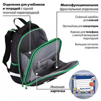 Ранец BRAUBERG PREMIUM, 2 отделения, с брелоком, "Атака", патчи на липучках, 38х29х16 см, 273104