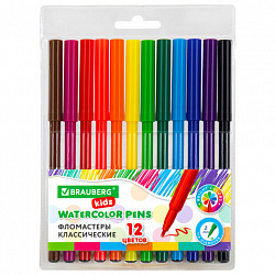 Фломастеры BRAUBERG KIDS КЛАССИЧЕСКИЕ 12 цветов, вентилируемый колпачок, ПВХ-упаковка, 152601