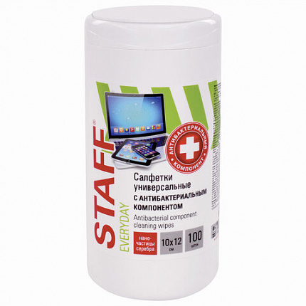 Салфетки АНТИБАКТЕРИАЛЬНЫЕ универсальные, STAFF "EVERYDAY", 100 шт., 513478