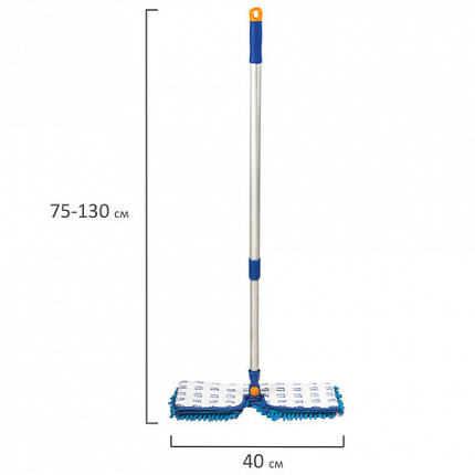 Швабра двусторонняя 40 см, телескопический черенок 130 см (алюминий), резьба 1,6 см, микрофибра, LAIMA, 601465