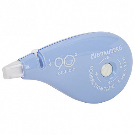Корректирующая лента BRAUBERG PASTEL 5 мм х 12 м, вращающийся наконечник 90°, механизм перемотки, корпус голубой, блистер, 272488