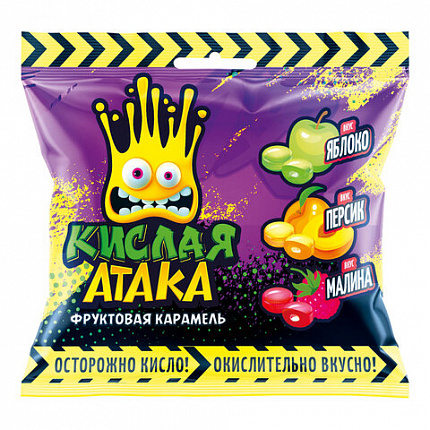 Карамель леденцовая КИСЛАЯ АТАКА, ассорти вкусов (яблоко, персик, малина), 40 г, KA-4-1
