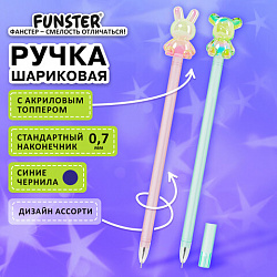 Ручка с акриловым топпером шариковая FUNSTER (ФАНСТЕР) "BEAR&BUNNY", СИНЯЯ, ассорти, пишущий узел 0,7 мм, линия письма 0,35 мм, 144372