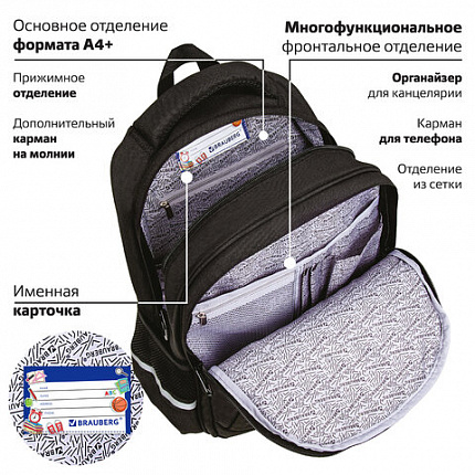 Рюкзак BRAUBERG SOFT, 2 отделения, 3 кармана, "Lettering", СВЕТЯЩИЙСЯ, 40х31х15 см, 272034