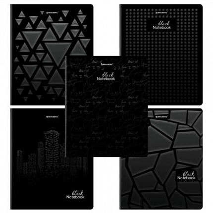 Тетрадь А5, 48 л., BRAUBERG, скоба, клетка, матовая ламинация, выборочный лак, "Black" (микс в спайке), 404375