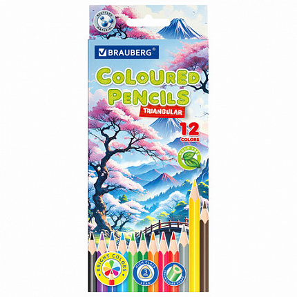 Карандаши цветные "АССОРТИ 8 ДИЗАЙНОВ 7+ лет", 12 цветов, трехгранные, BRAUBERG, 182056