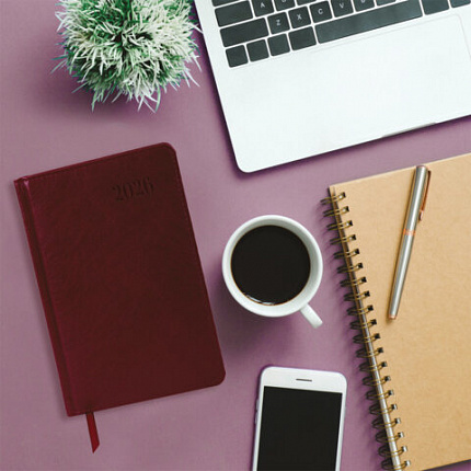 Ежедневник датированный 2026, А5, 138х213 мм, BRAUBERG "Impression", под кожу, бордовый, 117512