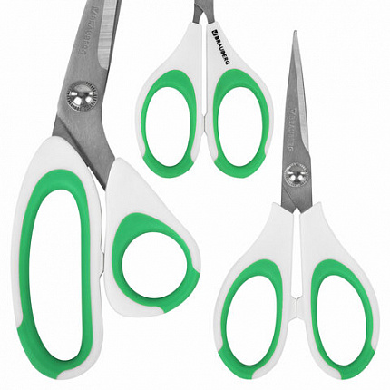 Ножницы BRAUBERG "MAXI" КОМПЛЕКТ 4 шт.: 115, 145, 205 мм + сниппер (для ниток), бело-зеленые ручки, 272982
