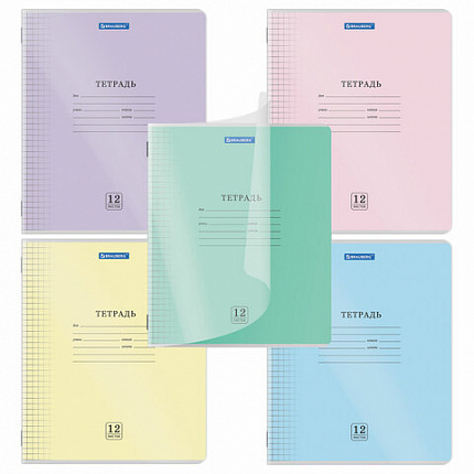 Тетрадь обложка пластик (прозрачный) 12 л., клетка, BRAUBERG "Smart Cover", АССОРТИ (в спайке), 405022