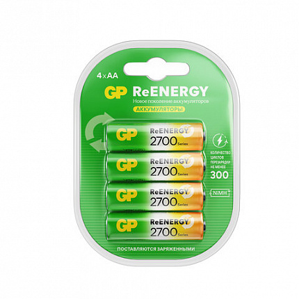 Батарейки аккумуляторные GP ReEnergy Ni-Mh пальчиковые КОМПЛЕКТ 4 шт., АА (HR6), 2600mAh, 270AAHCRGY, 270AAHCRGY-2CRC