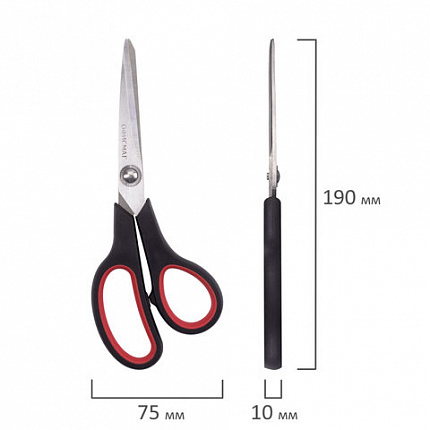 Ножницы ОФИСМАГ "Soft Grip", 190 мм, резиновые вставки, черно-красные, 3-х сторонняя заточка, 236456