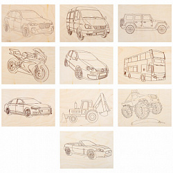 Заготовки деревянные для выжигания "Транспорт", 5 шт., 10 рисунков, 15х21 см, BRAUBERG HOBBY, 665307
