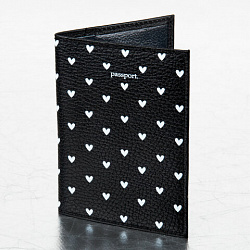 Обложка для паспорта натуральная кожа флоттер, принт "Сердечки", цвет черный, BRAUBERG, 238867