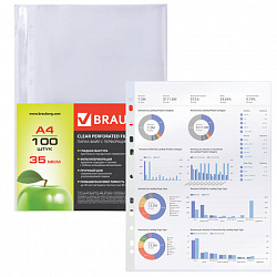 Папки-файлы перфорированные А4 BRAUBERG "PREMIUM", комплект 100 шт., гладкие, "Яблоко", 35 мкм, 221710