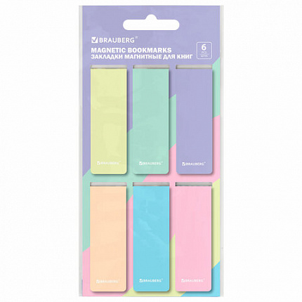 Закладки для книг МАГНИТНЫЕ, "PASTEL", набор 6 штук, 60x20 мм, BRAUBERG, 117013