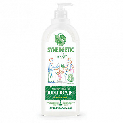 Гель для мытья посуды биоразлагаемый 1 л, SYNERGETIC "Алоэ", флип-топ, 103103/8