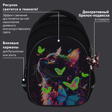Рюкзак BRAUBERG OPTIMA, 2 отделения, с брелоком, "Butterfly catcher", СВЕТЯЩИЙСЯ, 36х27х18 см, 272097