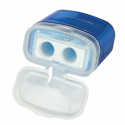 Точилка BRAUBERG "Chief", 2 отверстия для чернографитных и цветных карандашей, с контейнером, с крышкой, ассорти, 226942