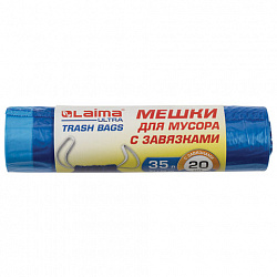 Мешки для мусора с завязками LAIMA "ULTRA" 35 л, синие, рулон 20 шт., особо прочные, ПВД 22 мкм, 50х60 см, 607689