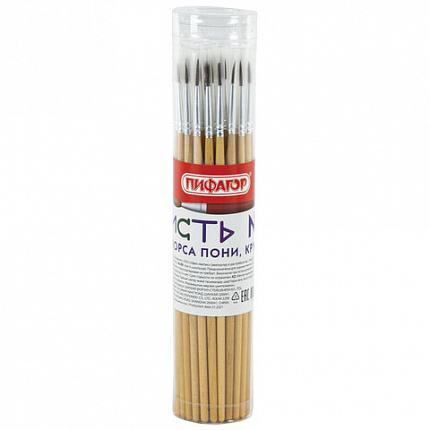 Кисть ПИФАГОР, ПОНИ, круглая, № 3, деревянная лакированная ручка, с колпачком, 200832