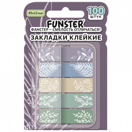 Закладки клейкие Z-сложения FUNSTER (ФАНСТЕР) "Флора", 45х12 мм, 100 шт., (5 цветов х 20 листов), в диспенсере, 116699